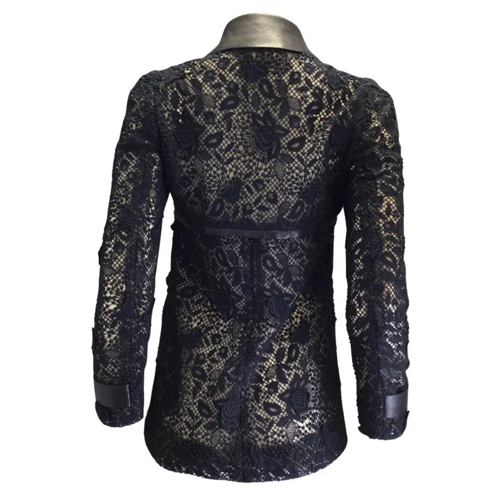 VALENTINO NAVY BLUE DOUBLE BREASTED LACE AND LEATHER JACKET - Picture 3 of 4